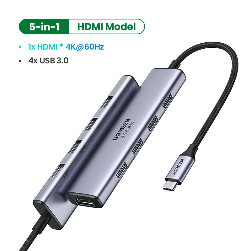 Ugreen 50850 20cm màu xám usb type c hub 6 trong 1 ra usb 3.0 x 3 + đọc thẻ tf/sd + nguồn 5v micro usb cm195