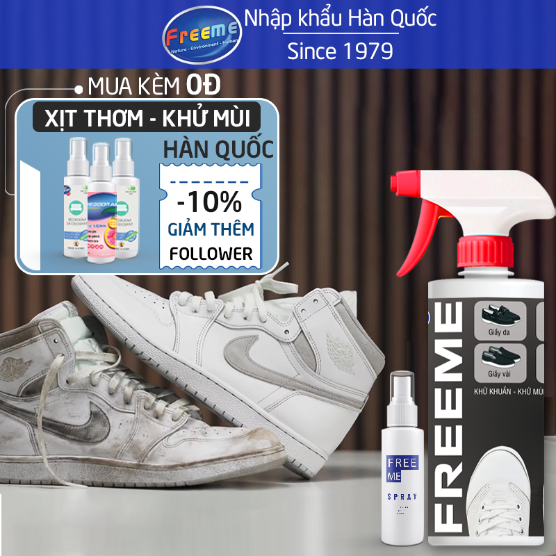 Vệ sinh giày Freeme, siêu sạch, tẩy trắng giày, dành cho giầy thể thao, giầy vải, giầy da, dép. Nhập khẩu Hàn Quốc 500ml