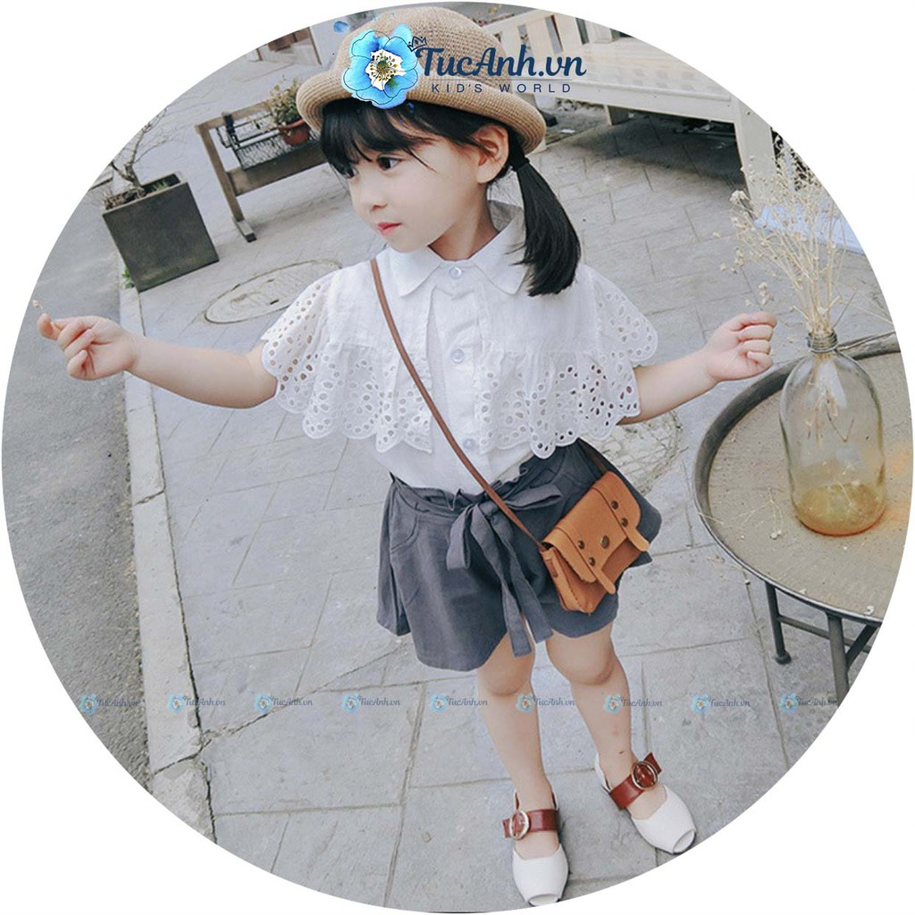 Set thô cho bé gái size 10-17kg, áo sơ mi cổ ren bèo quần soóc xám - qate tucanh
