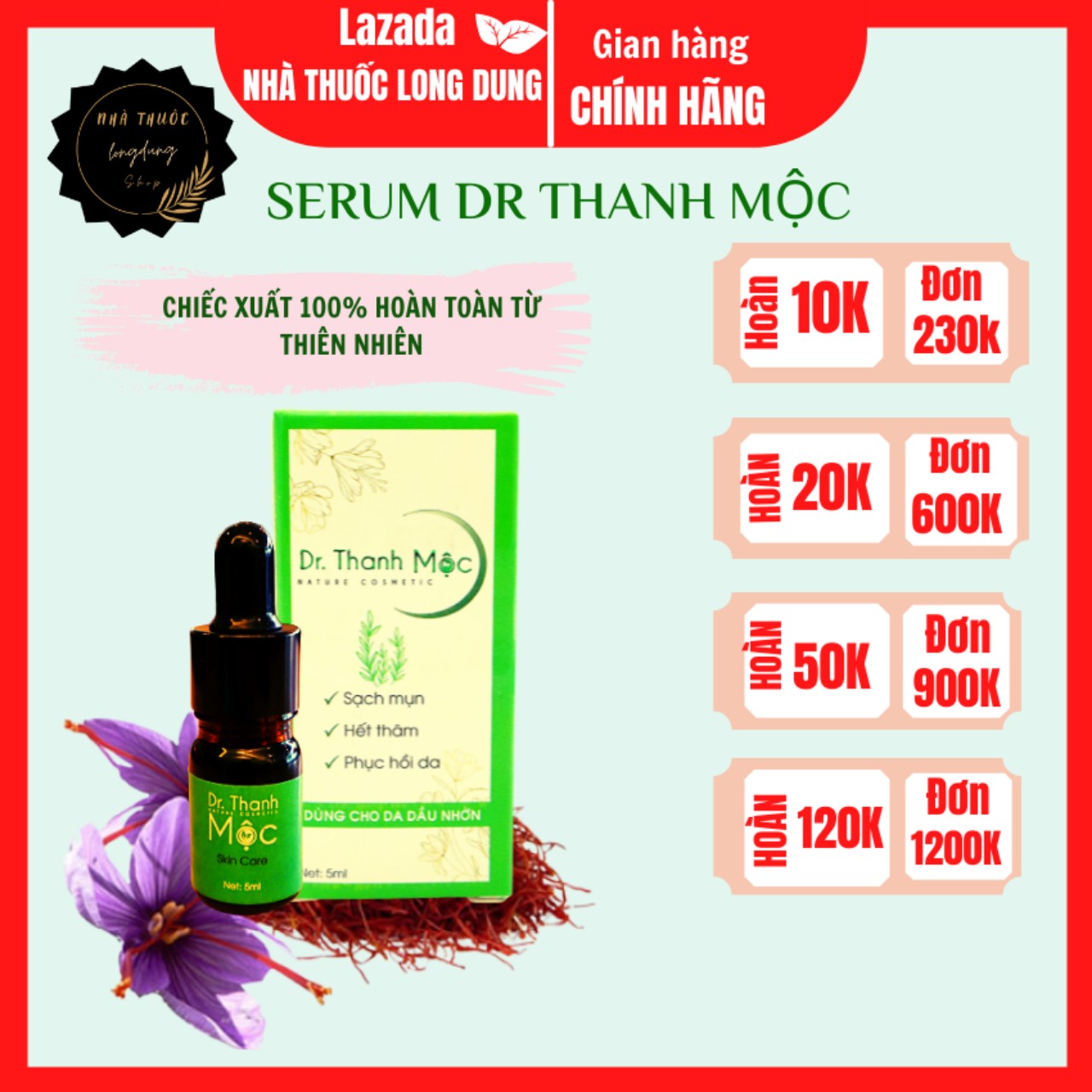 SERUM TINH CHẤT HẾT SẠCH MỤN dành cho da HỖN HỢP THIÊN DẦU  hiệu qủa sau 7 ngày sử dụng [ QUÀ 25K  ] ( 1 Dr Thanh Mộc )