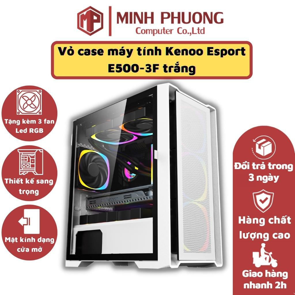 Vỏ case máy tính pc kenoo m500 esport 3f tặng kèm 3 fan led rgb thiết kế mặt kính dạng cửa mở m-atx