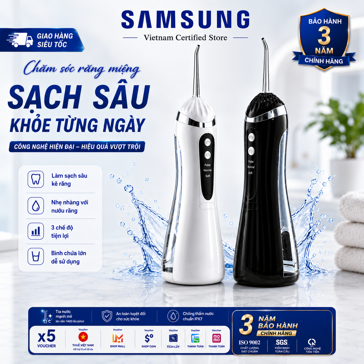 【Bảo hành 3 Năm】 Máy tăm nước 99.89% iGx2m 3 vòi phun tần số cao IPX7 Không gây tổn hại nướu / không đau Có nhiều phụ kiện khác nhau để thay đổi/sử dụng cho các nhóm tuổi khác nhau
