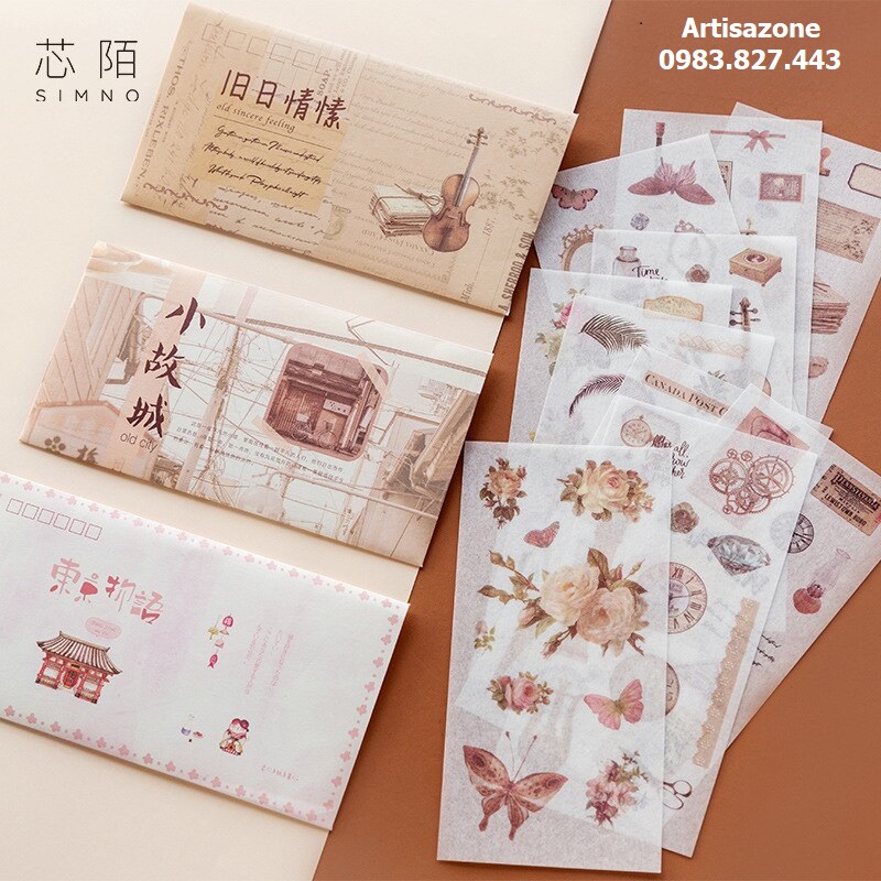 Sticker Washi phong thư - Hình dán trang trí scrapbook, sổ - Túi 10 miếng (size 9cm x 15cm)