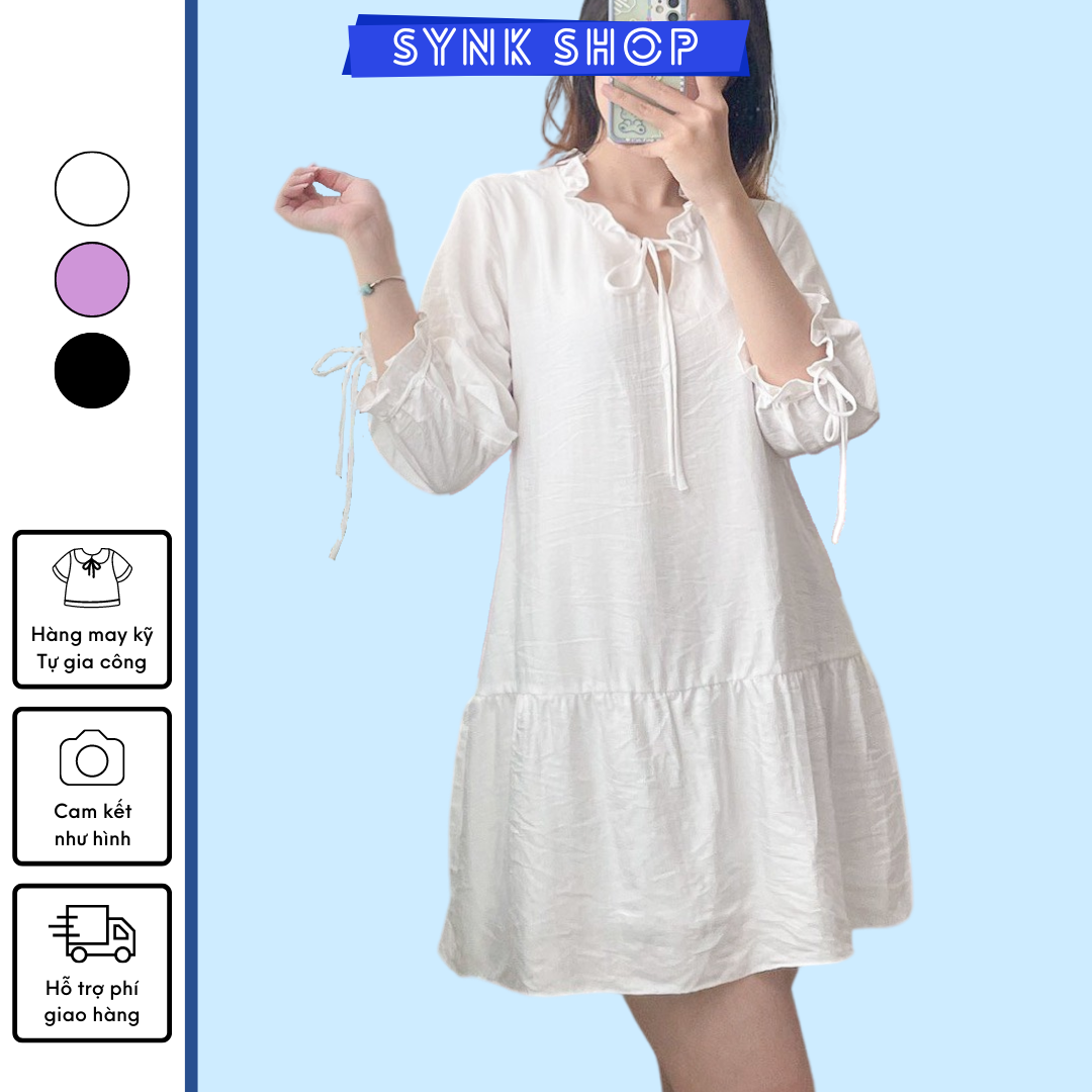 Đầm babydoll dài tay thiết kế nhà SYNK đầm cổ bèo thắt nơ kèm dây thắt eo mặc dáng xòe cực đẹp