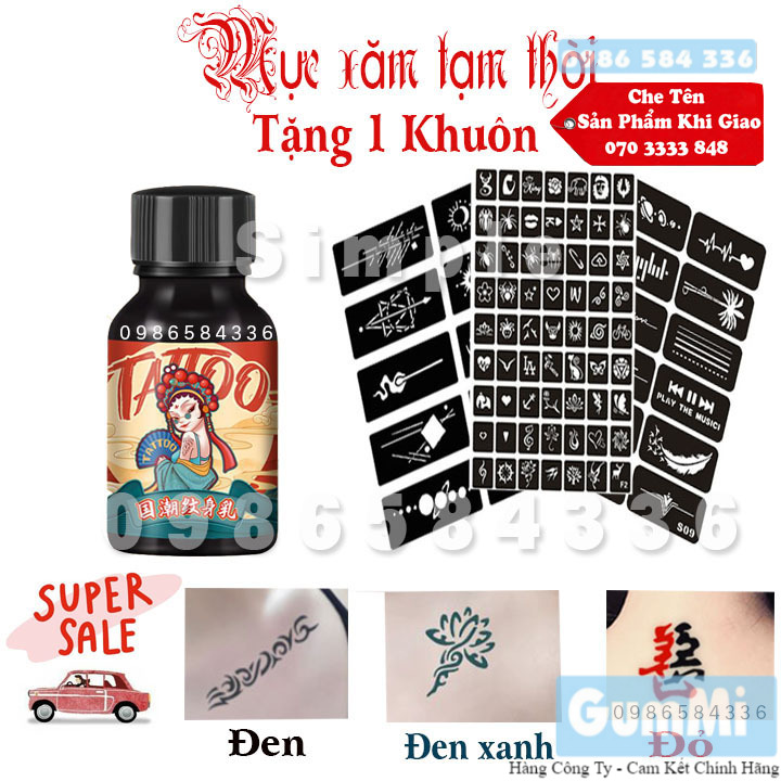 [HOT] Mực xăm tạm thời 15 ngày màu Đen - Xanh - Đỏ lên màu ngay(Tặng 1 khuôn khổ A4 nhiều mẫu kèm Stịker)