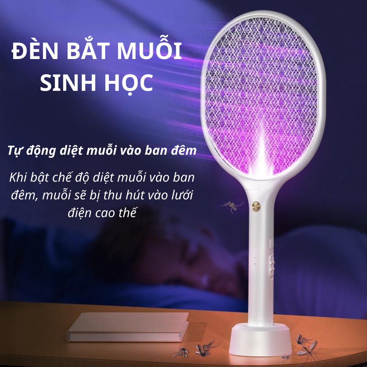 Vợt Bắt Muỗi Tự Động Đa Năng 2 in1, Máy Bắt Muỗi Chống Giật Kiêm Đèn Ngủ Tự Động Có Cổng Sạc USB Kèm Đế Tiện Dụng