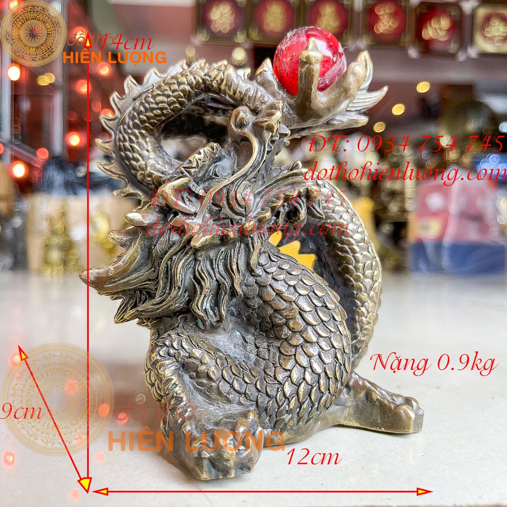 Tượng rồng bằng đồng ngậm ngọc phong thủy màu nâu giả cổ dxrxc:12x9x14cm- nặng 0.9kg