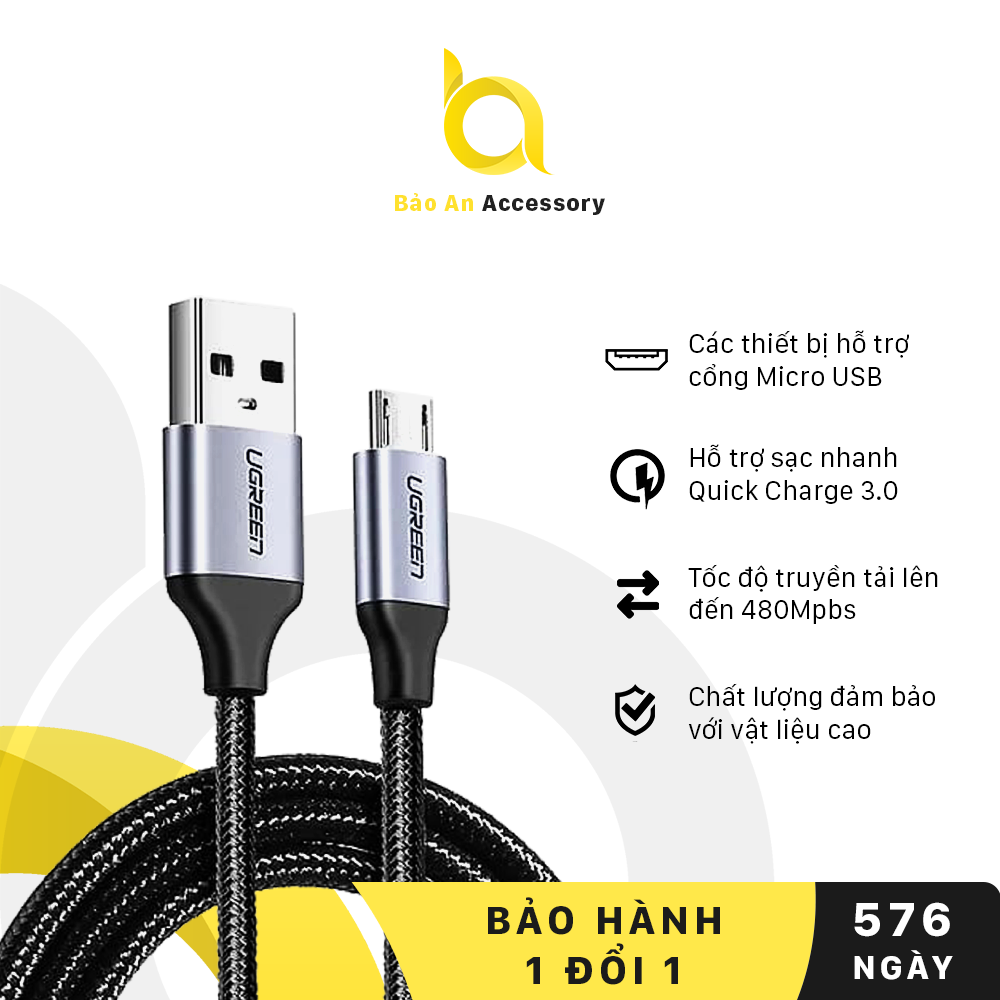Cáp sạc nhanh micro usb 2.4a ugreen us290 vỏ sợi bện siêu bền - hàng chính hãng