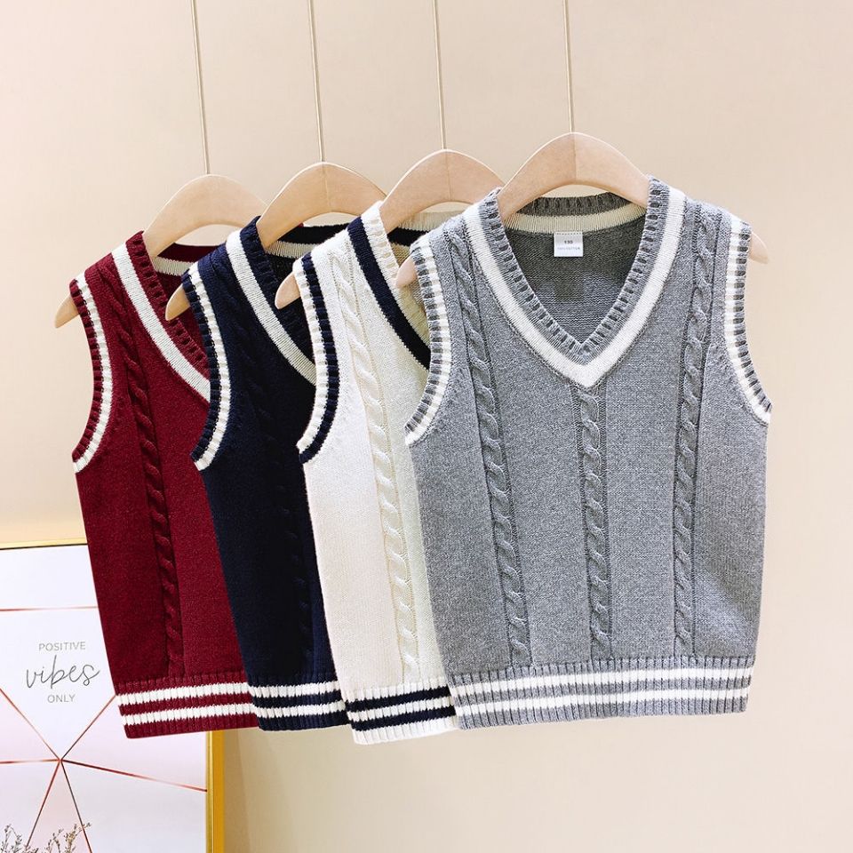 Áo gilê trẻ em đồng phục học sinh nam nữ xuân thu áo gilê len trẻ em cotton nguyên chất phong cách học đường
