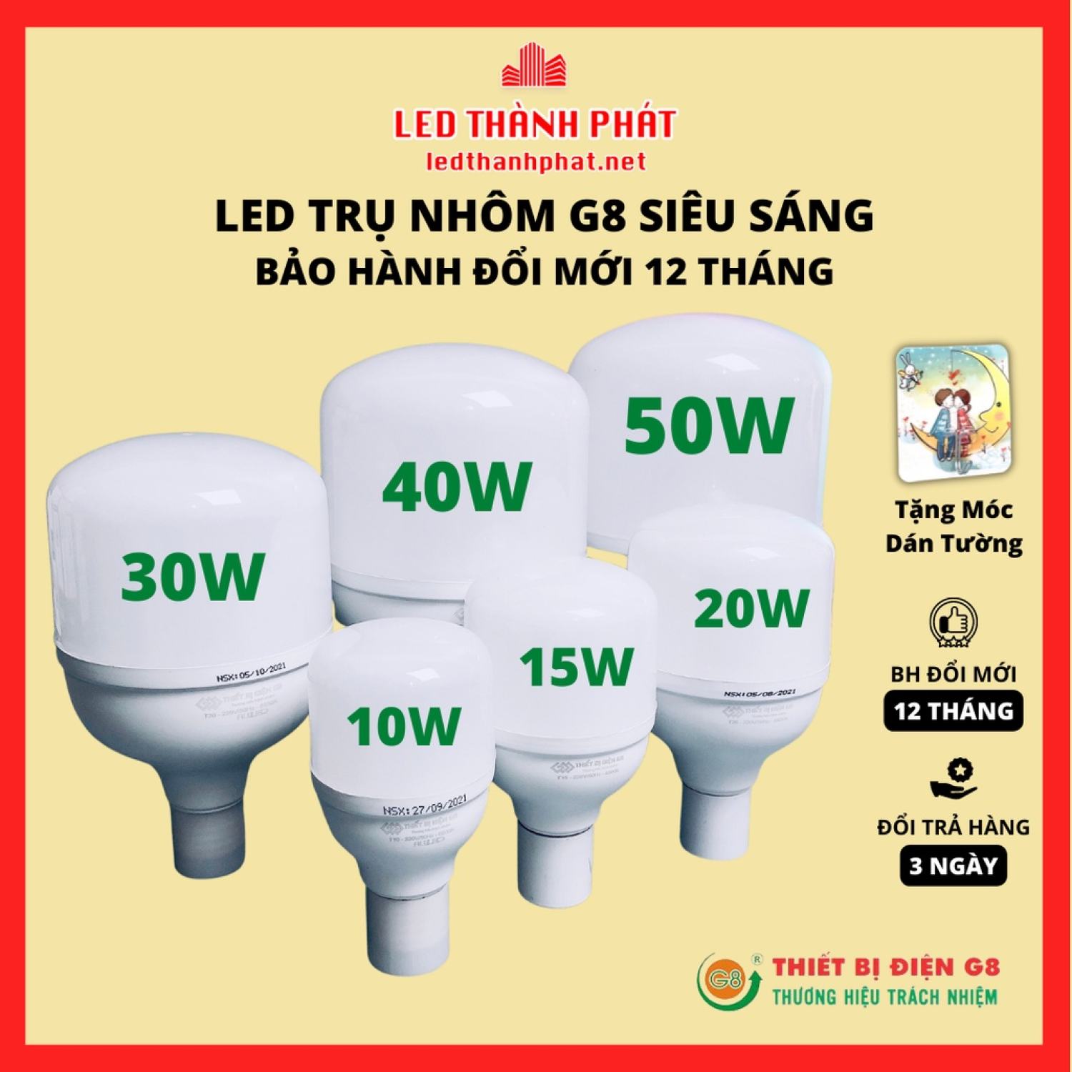 Bóng đèn led 50w 40w 30w 20w 10w 5w siêu sáng tiết kiện điện , led bulb trụ g8 vỏ nhôm siêu bền bh đổi mới 06 tháng