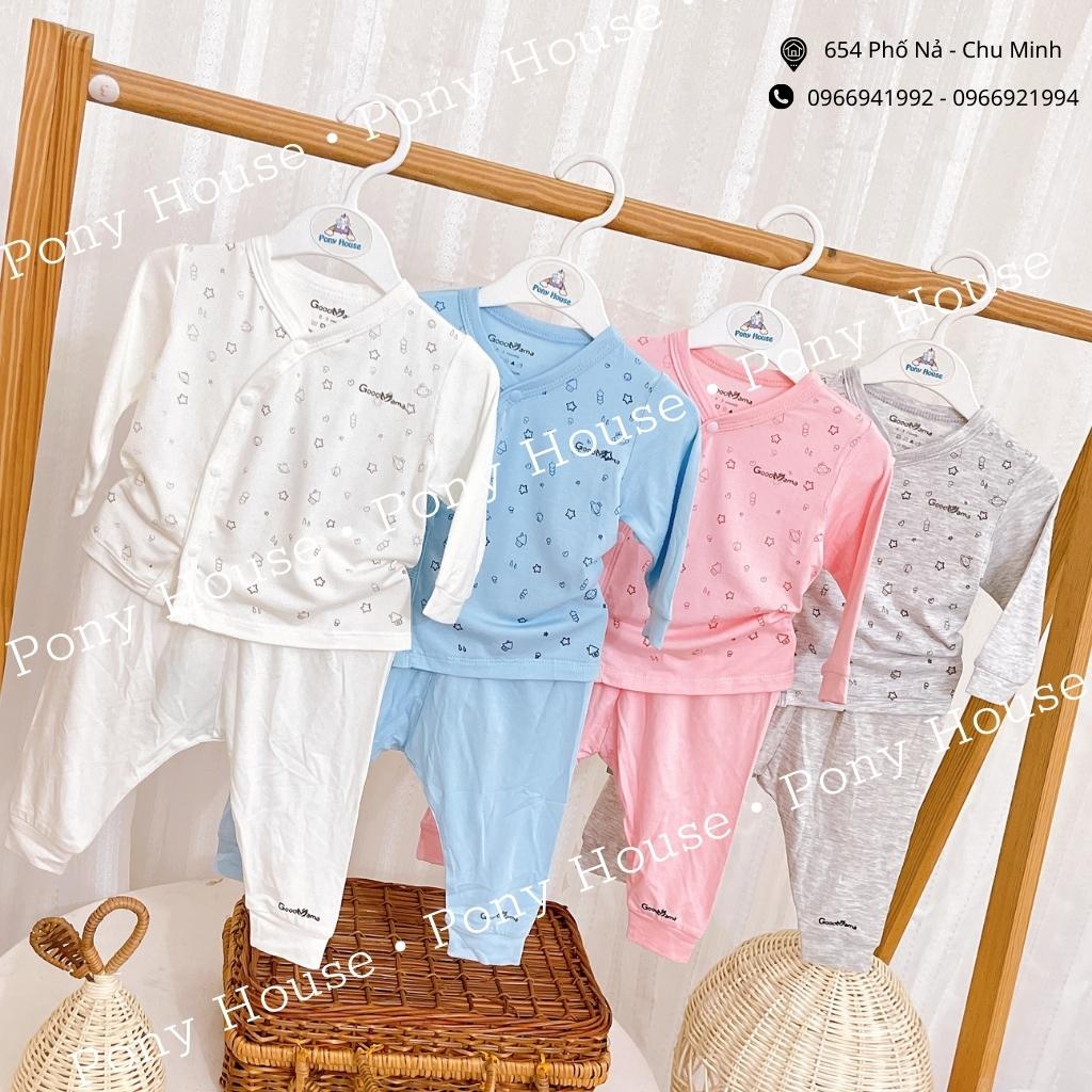 Bộ quần áo sơ sinh dài tay cài lệch goodmama họa tiết cho bé trai, bé gái chất bambo petit siêu mềm mát
