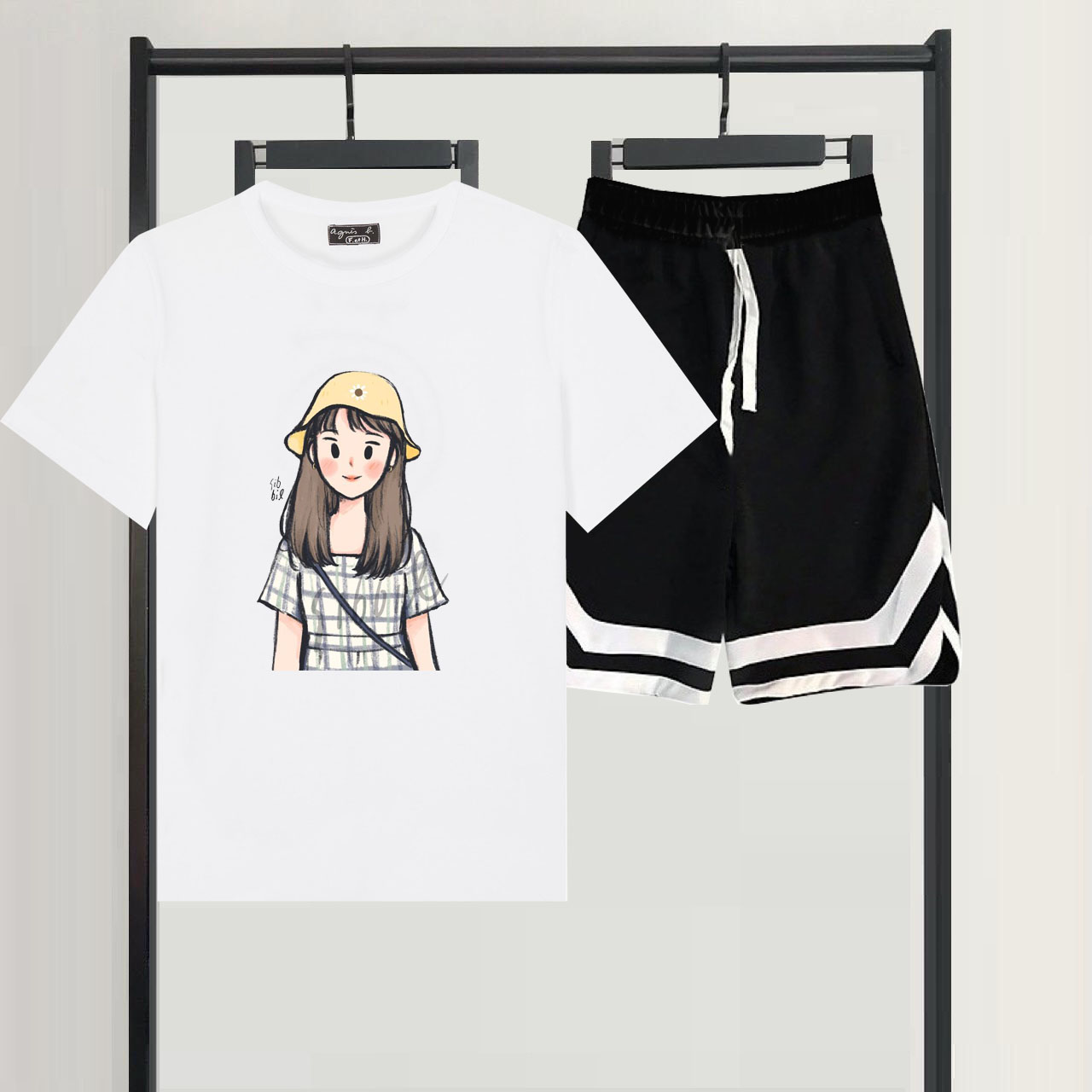 Sét Bộ Đùi Mùa Hè Thời Trang Ulzzang Nữ In 3D Cô Gái Đội Mũ Sibil Cute Mặc Đi Chơi Cá Tính, Mặc Ở Nhà, Áo Cotton Mix Quần Đùi Viền V Phong Cách