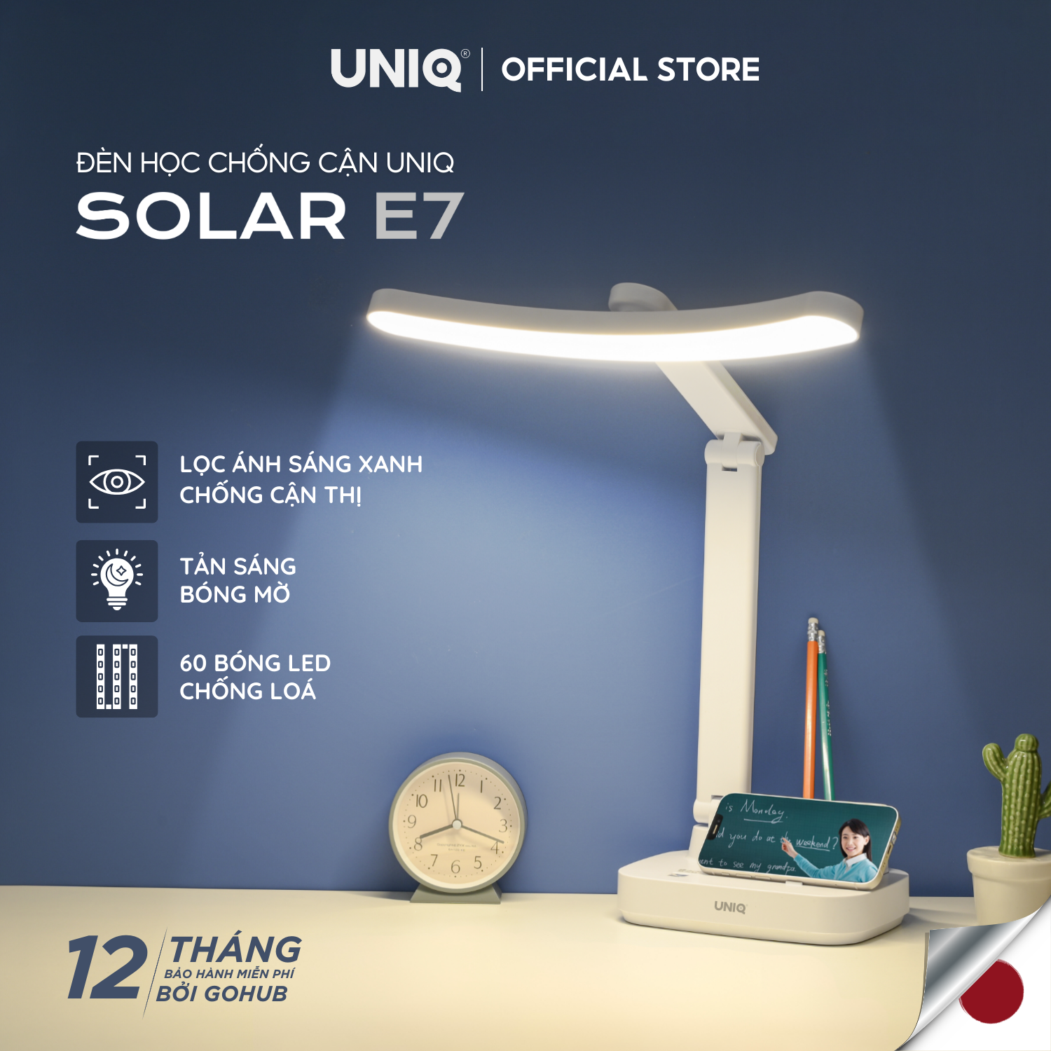 Đèn Học Chống Cận UNIQ SOLAR E7 Tích Điện Bảo Vệ Mắt Cảm Ứng Quang Phổ Toàn Phần Không Nhấp Nháy Để Bàn Cho Bé Đọc Sách