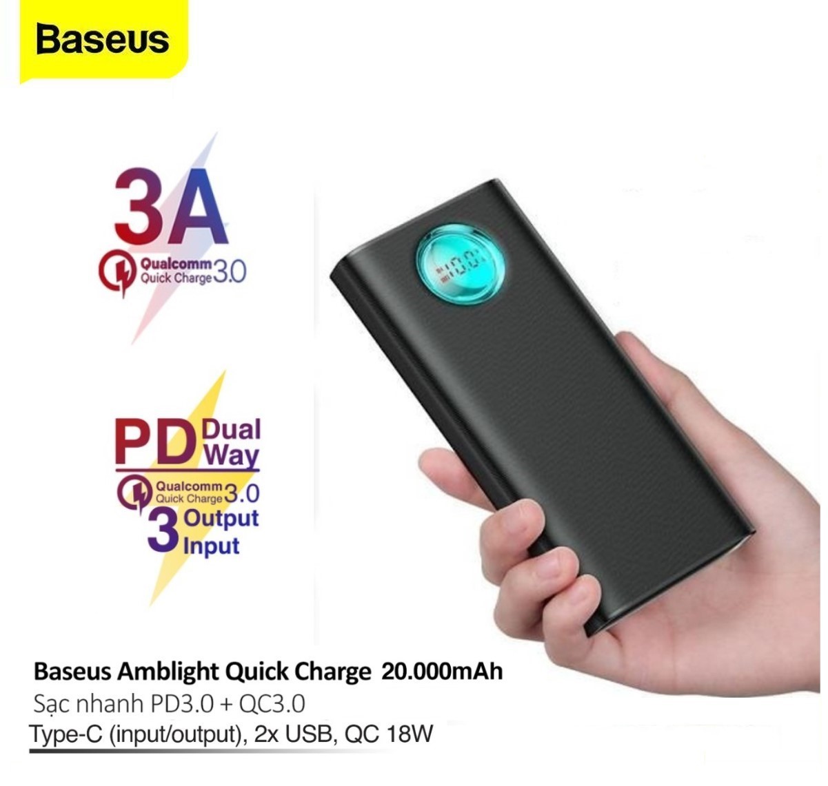 Pin sạc dự phòng Baseus 20000mAh Dual USB Power Bank PD3.0+Quick Charging For iPhone 11 Pro Samsung Huawei Phone Charger 18W Dual Type-C Fast Charging For MacBook - sạc nhanh cho androi iphone