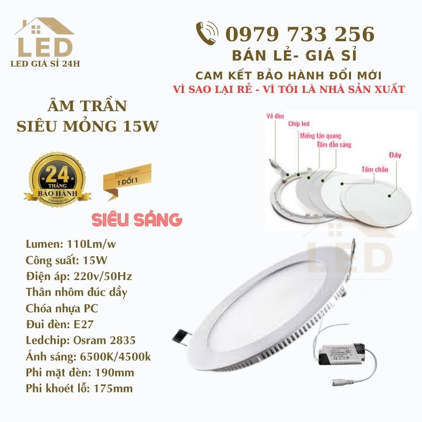 ĐÈN LED ÂM TRẦN SIÊU MỎNG 15W HÀNG CHẤT LƯỢNG CAO