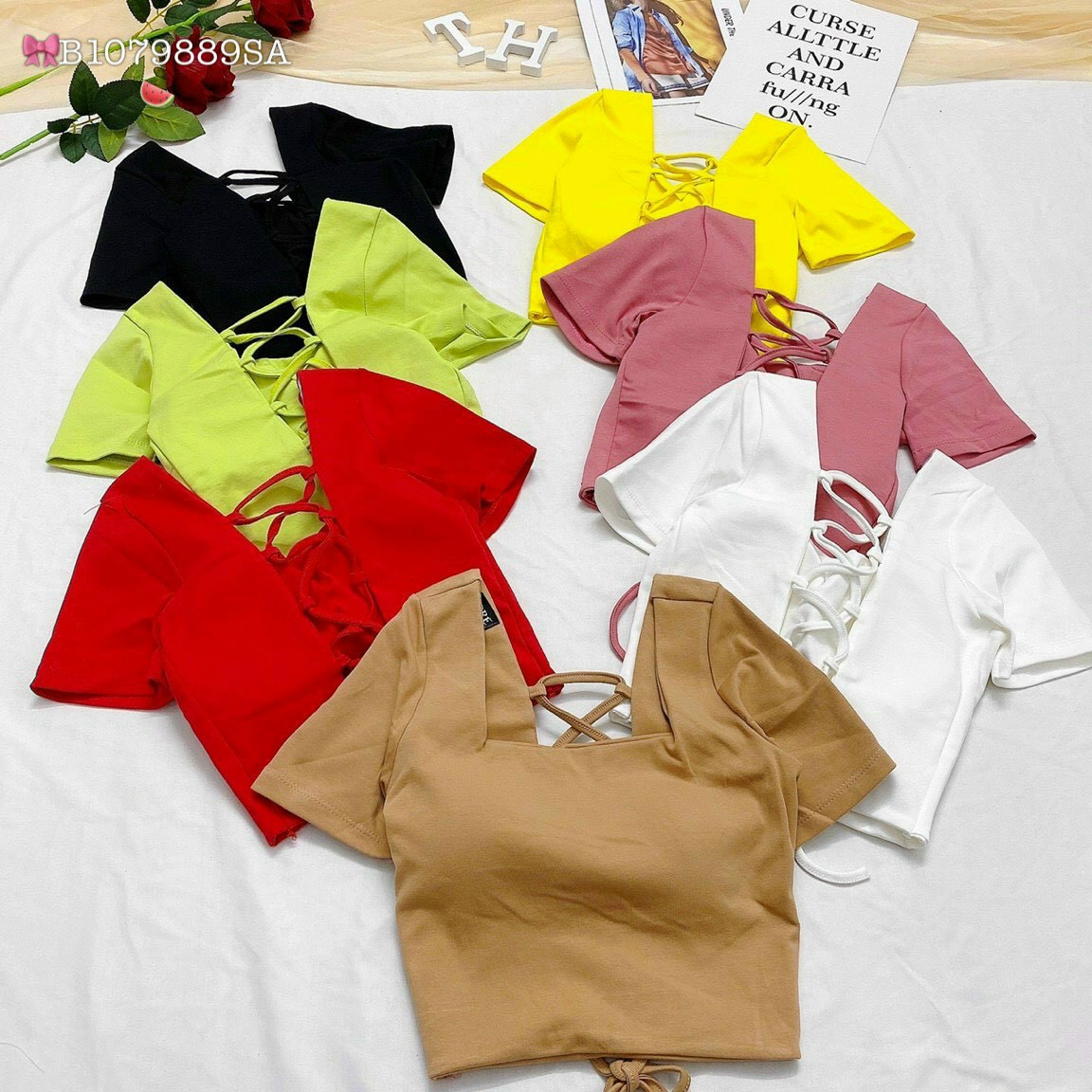 Áo cổ vuông đan dây, áo thun tay cọc đan dây sau lưng, áo croptop thun borip đan dây sau lưng