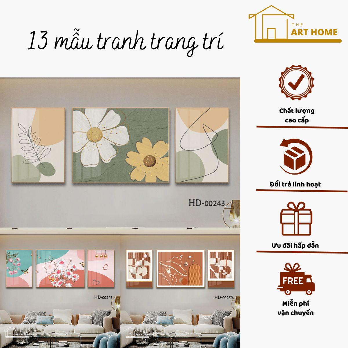 Bộ 3 tranh treo tường - tranh trang trí phòng khách phòng ngủ có sẵn móc treo GM09-02