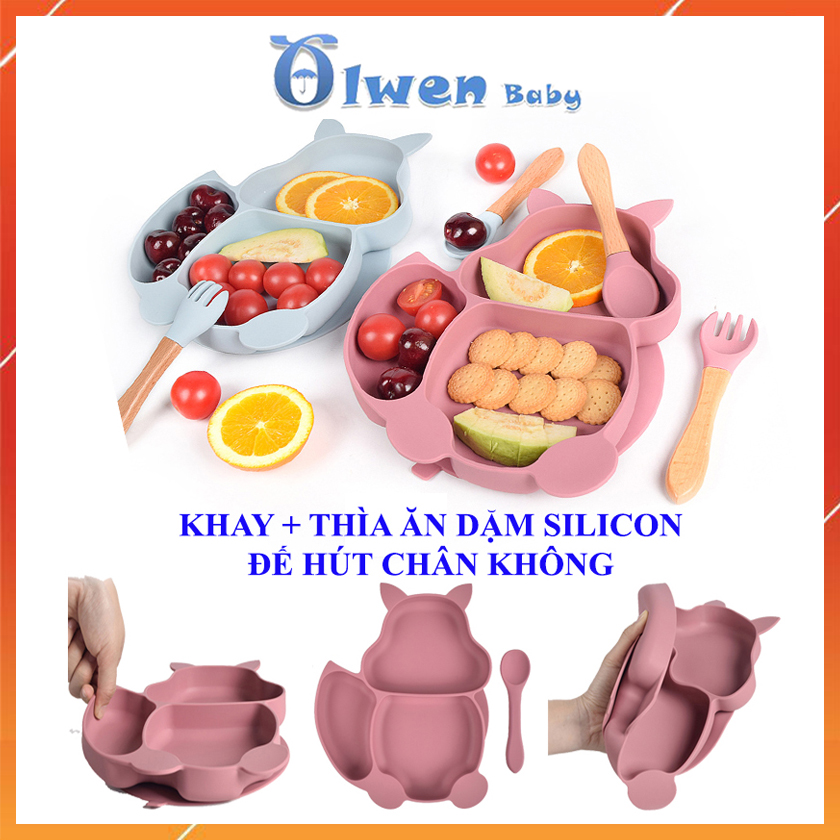 Bộ 2 Món Khay Thìa Ăn Dặm Silicon BoKhayThiaADSilicon01 Cho Bé Đĩa Đựng Đồ Ăn Bát Chia 3 Ngăn Có Đế Hút Chân Không Tập Ăn Tập Xúc Tránh Đổ Vỡ