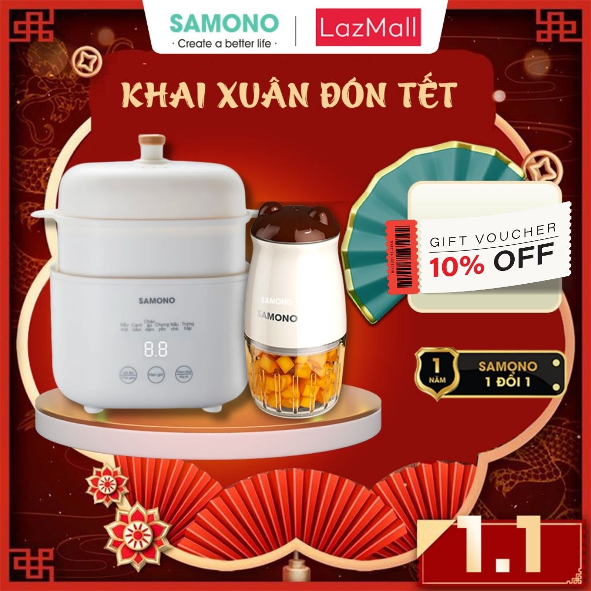 (BH 1 Năm) Combo Nồi nấu cháo chậm 1L Samono SW-SC10 có khay hấp và Máy xay ăn dặm mini SW-MC200/SW-MC200S, 300ml 200W, combo ăn dặm cho bé yêu