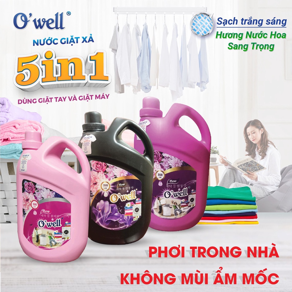 Nước giặt xả owell trắng sạch, lưu hương thơm lâu chai 3.5l, nước giặt hương hoa thơm lâu