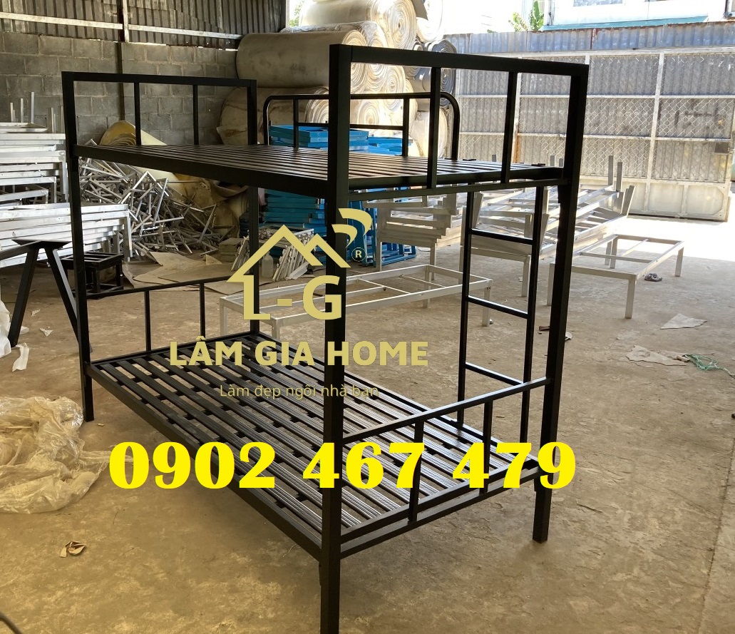 GIƯỜNG SẮT 2 TẦNG HỘP VUÔNG 4X8 MÀU ĐEN VÀ KEM - GIAO HỎA TỐC