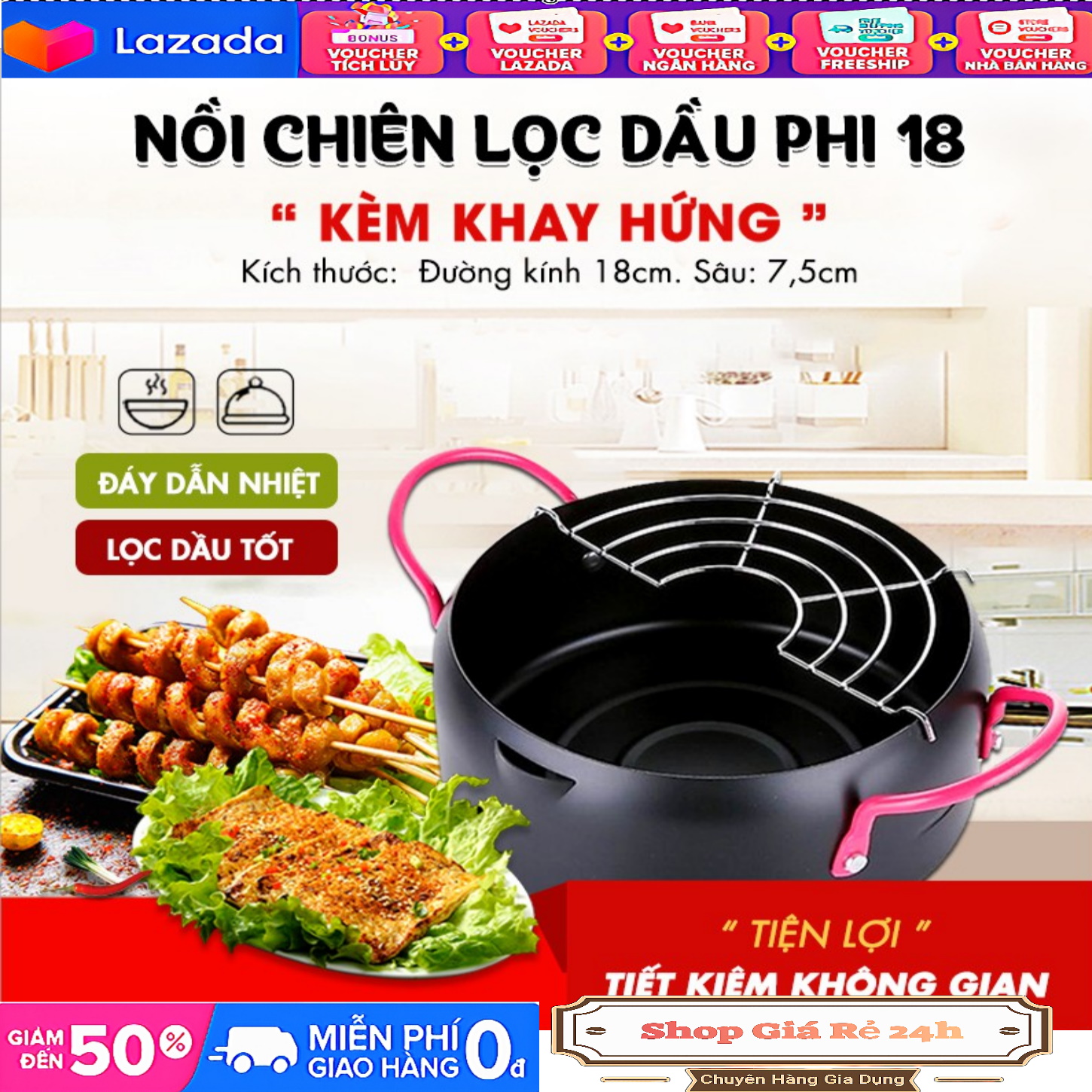 Nồi Chiên Ngập Dầu Lọc Dầu Size 18cm - Kèm Vỉ INOX Gác Chảo Dầu