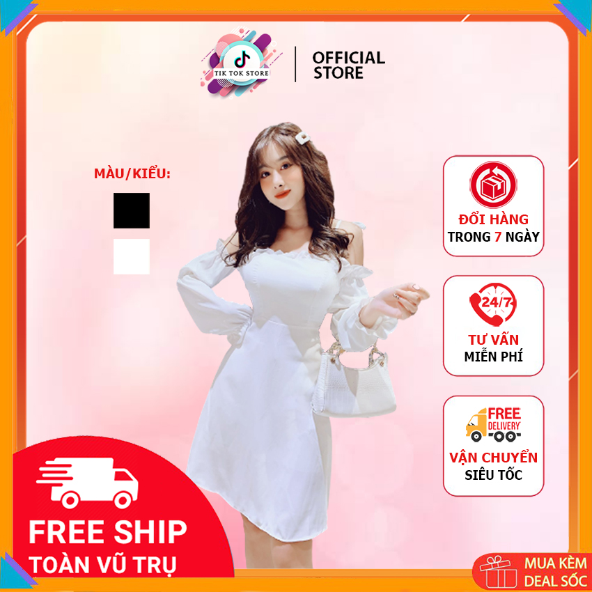 Đầm xoè 2 dây hở vai Tik Tok buộc nơ vai chất liệu đũi thiết kế dễ thương thích hợp đi chơi đi tiệc