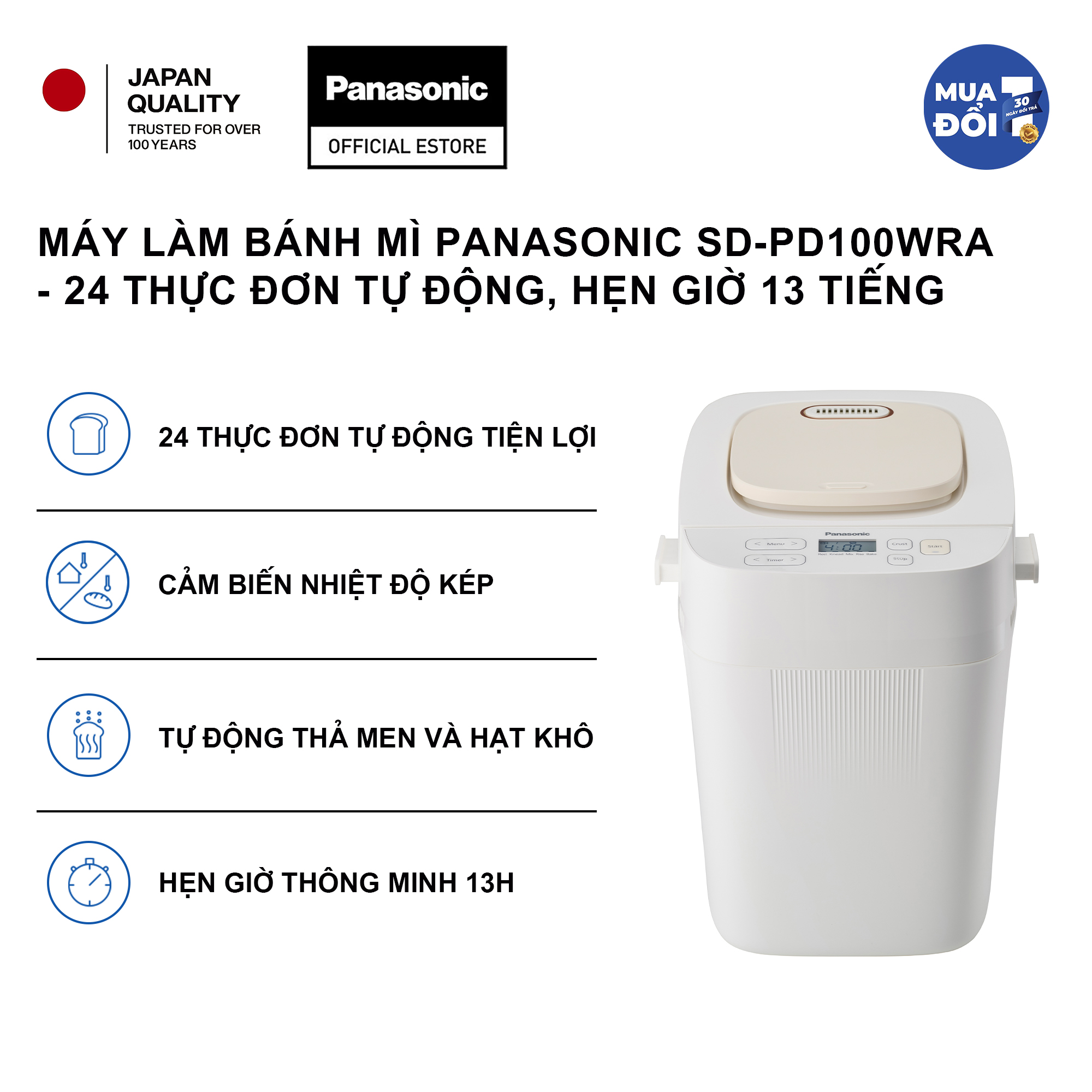 Máy làm bánh mì panasonic sd-pd100wra đa dạng thực đơn tự động - hàng chính hãng