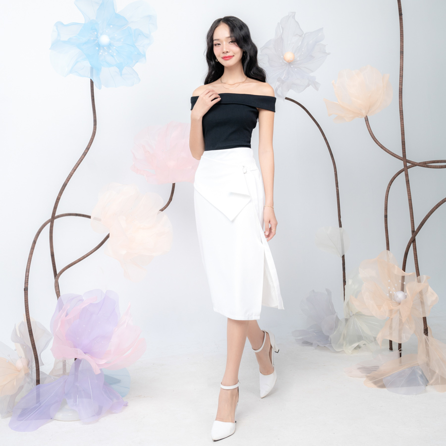 Chân váy midi cotton lạnh phối đắp tà Maybi