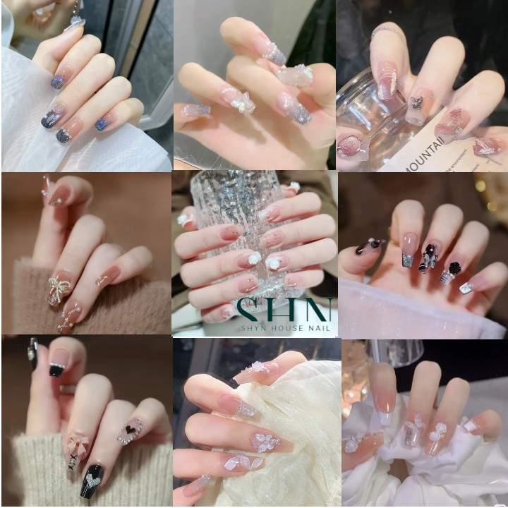 Móng tay giả đính đá, đính nơ, đính hoa, Móng tay dáng dài, Nail xinh, Nail box, Set 24 móng