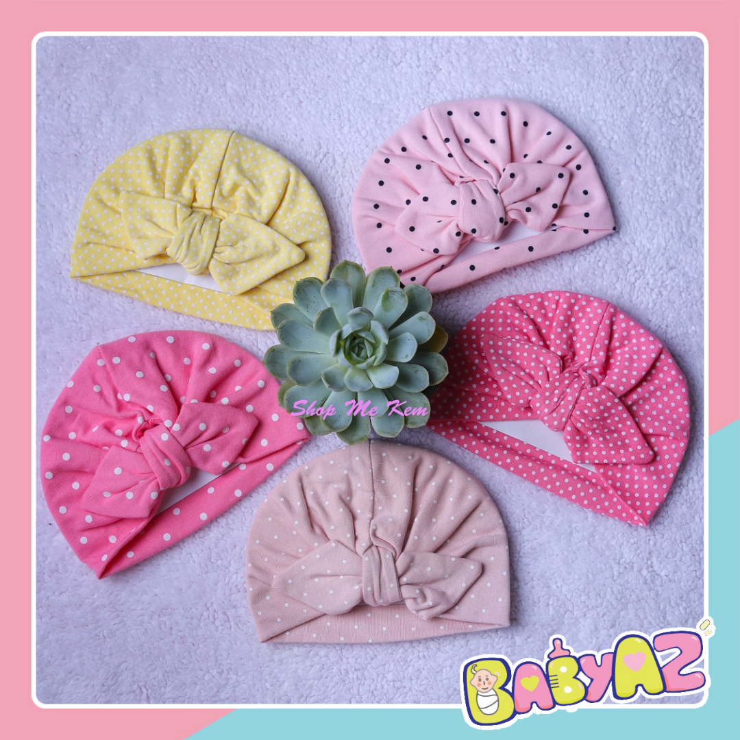Mũ turban nơ họa tiết chấm bi cho bé siêu xinh, tuban trùm đầu che thóp giá rẻ chất lượng mềm mịn BabyAZ.