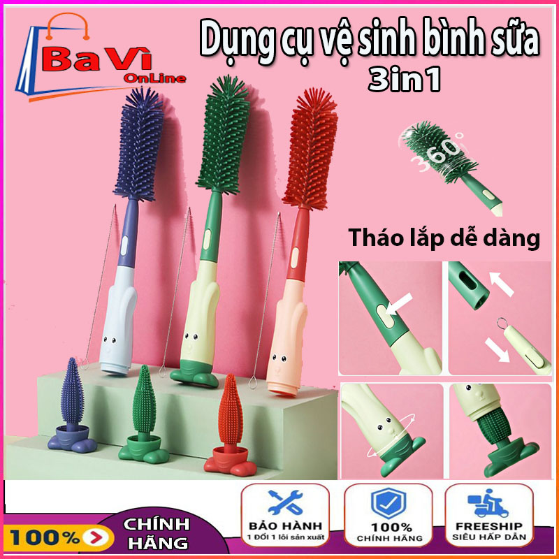Dụng cụ vệ sinh bình sữa 3in1 cho bé, bàn chải bình sữa đa năng, bộ cọ rửa bình sữa cầm tay đầu xoay 360 độ, dụng cụ cọ rửa cốc chén, chai nước, mềm mại bằng silicone, bàn chải nấm vú bằng ống hút