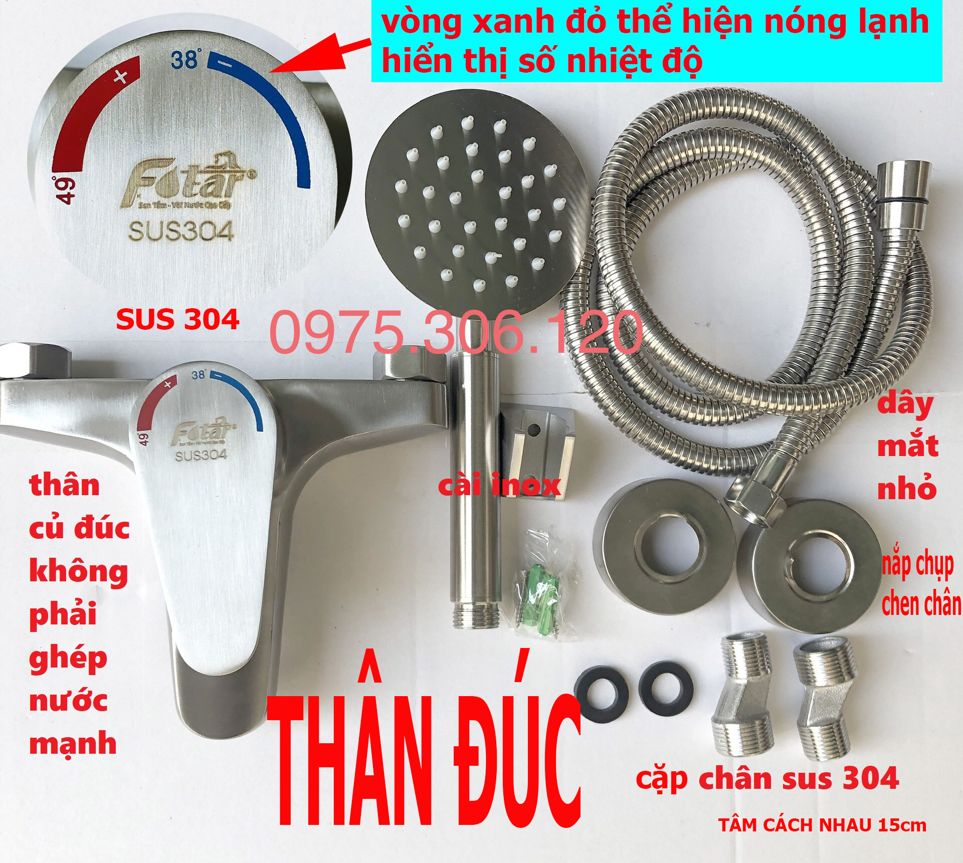 HÀNG A1 CỦ ĐÚC Bộ Củ Sen Tắm NÓNG LẠNH và Tay Sen và Dây 100%  INOX 304 N2002 Fotar vòi sen tắm