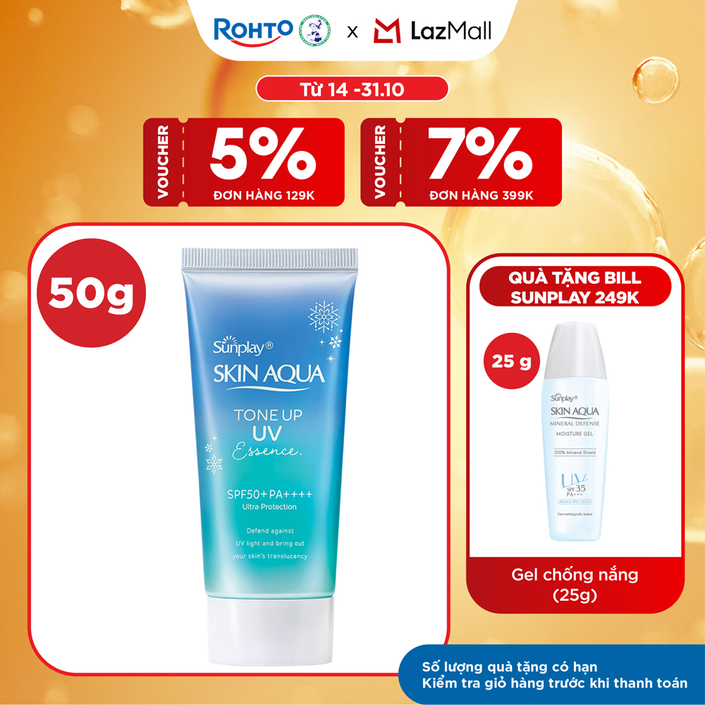 Kem chống nắng nâng tông Skin Aqua Tone up Blue cho da vàng có khuyết điểm đỏ, dạng tinh chất Sunplay Skin Aqua Tone Up UV Essence Blue SPF 50+ PA++++ 50g