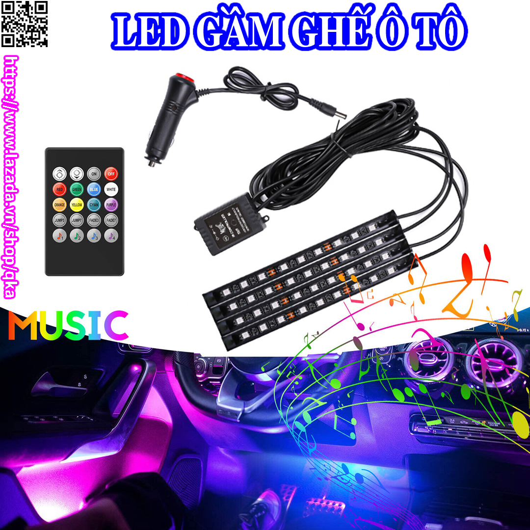 Đèn Led chiếu sàn gầm ghế trang trí xe ô tô xe hơi 8 màu điều khiển từ xa bằng Remote mỗi Led dài 22cm