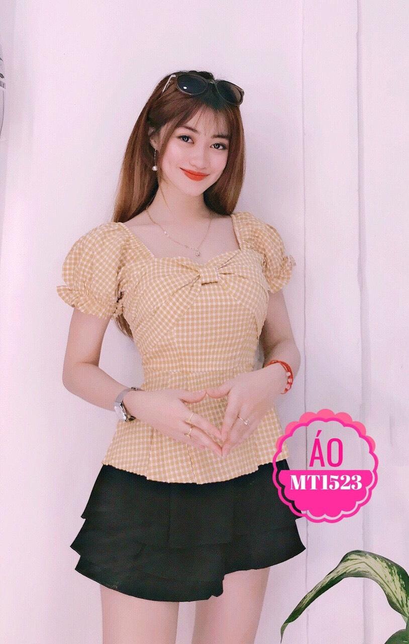 Áo kiểu kate caro thân xoè phối nơ ngực siu duyên dáng tts0673