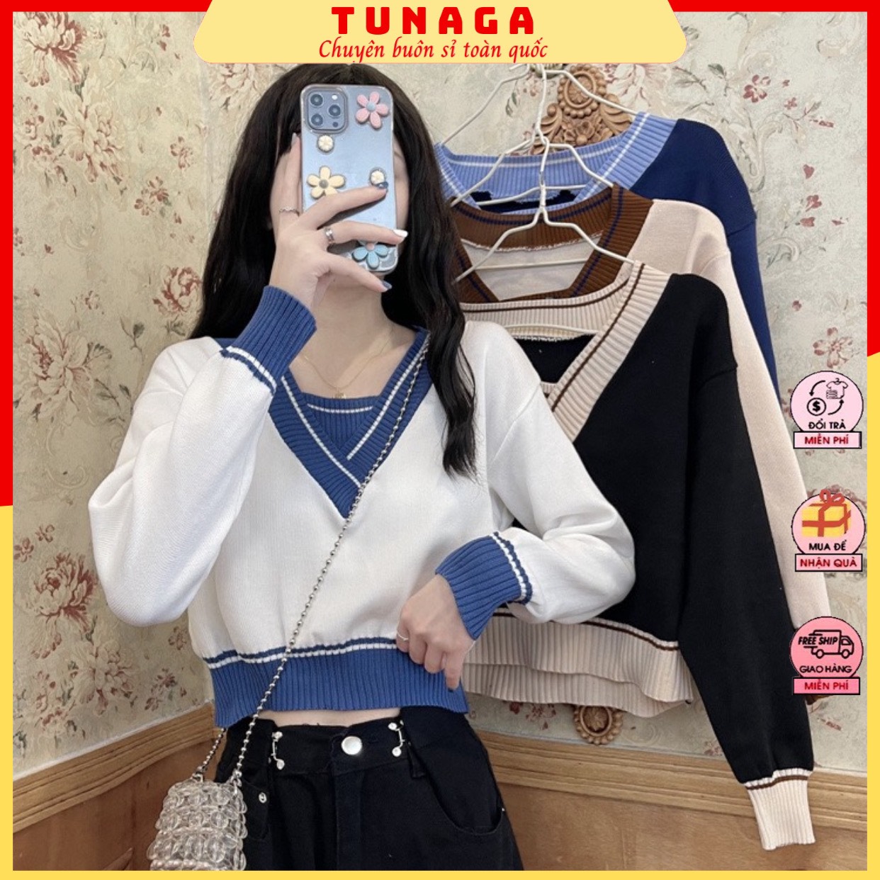 [CROPTOP] Áo Len Nữ Cổ V Dáng Ngắn-Áo Nữ Tay Dài Nhiều Màu Phong Cách Hàn Quốc
