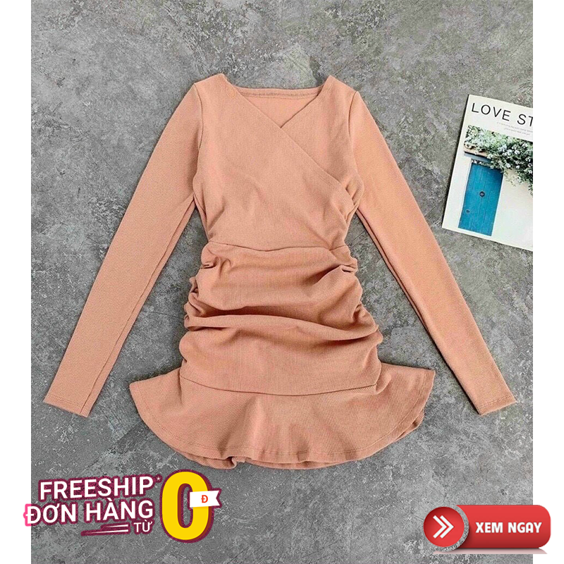 Đầm Ôm Body Tay Dài Vải Thun Gân Cổ Chéo Hot MTB