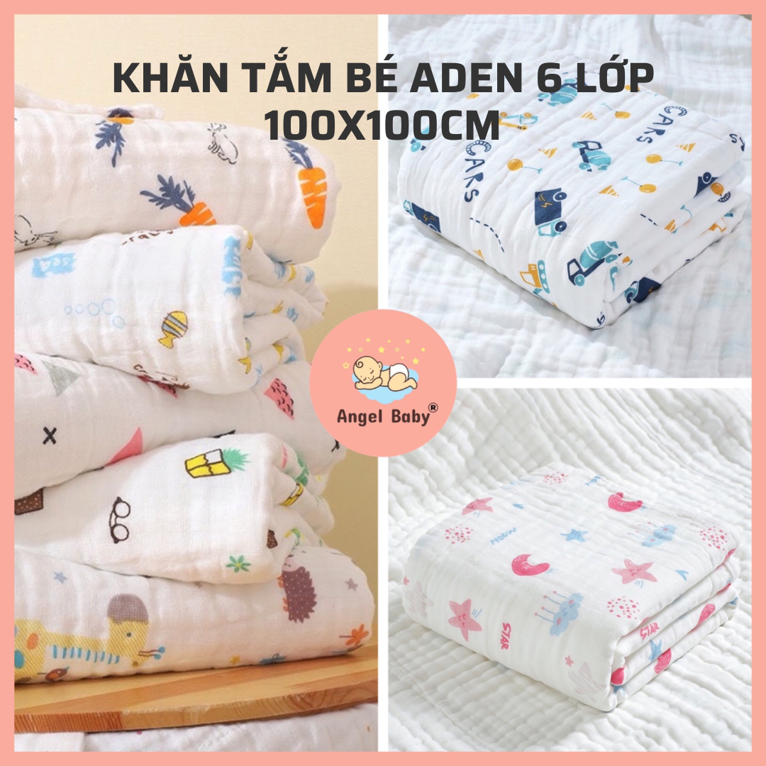 [HÀNG LOẠI 1] Khăn Tắm Bé Aden 6 Lớp Cao Cấp 100% Cotton, Khăn Đa Sơ Sinh Mềm Mịn Thấm Hút Tốt, Kích Thước 100x100cm