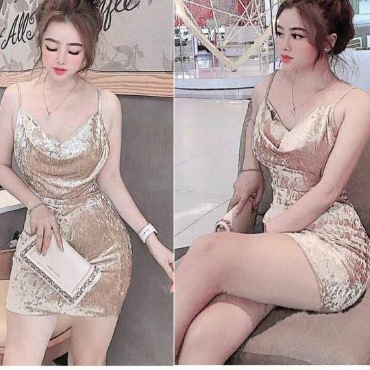 Đầm nhung cổ đổ rút nhúng 2 dây sexy