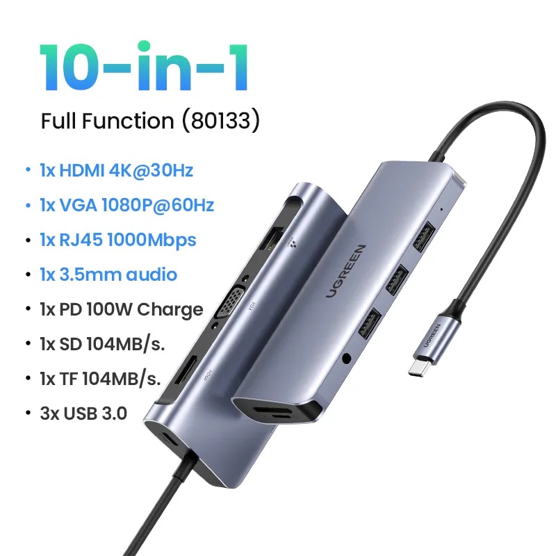 Ugreen 80133 10 trong 1 màu xám bộ chuyển đổi hub type c ra 3 x usb a 3.0 + 4k hdmi + 1080p vga + rj45 lan gigabit + đọc thẻ sd-tf + aux 3.5mm audio + 65w pd power cm179
