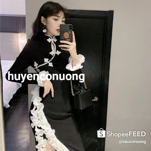 // SỈ BẰNG LẺ // đầm sườn xám đen tay dài viền bèo trắng ôm body quyến rũ nữ tính trung hoa xinh đẹp phong cách
