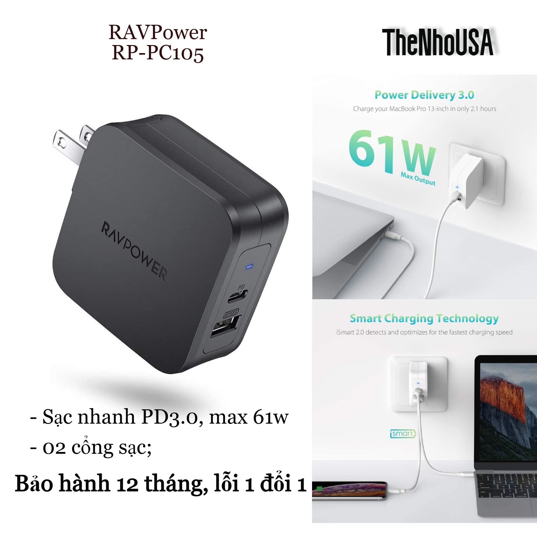 Củ sạc nhanh RAVPower 2 cổng - 61W PD RP-PC105