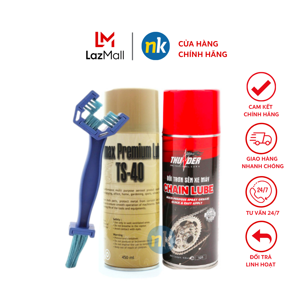 Bộ 3 sp Thunder dưỡng sên, xích trần 400ml, Vệ sinh sên TS40 450ml và bàn chải vệ sinh 3D