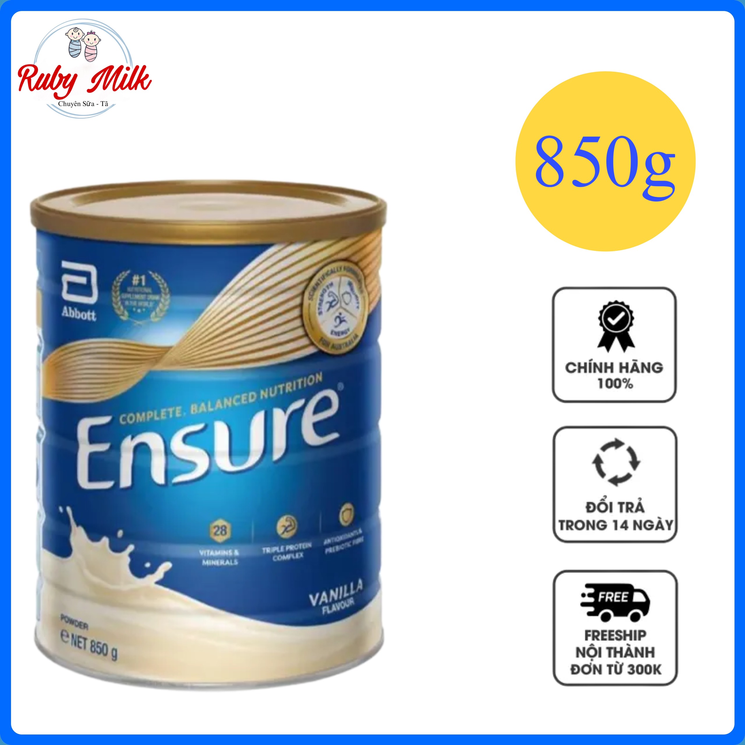 Sữa bột ensure úc lon 850g mẫu mới