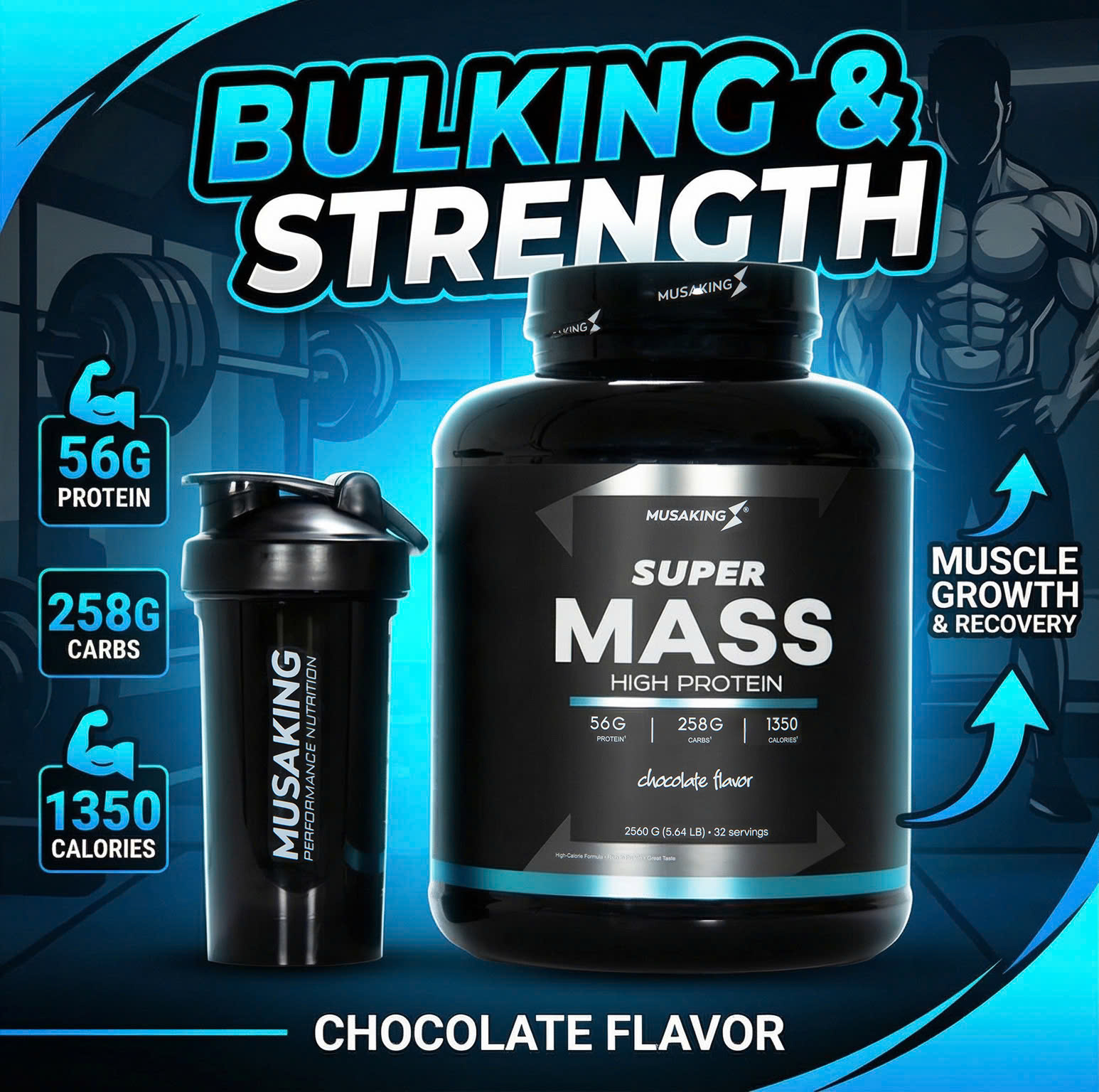 Mass Gainer Super Mass High Protein Musaking 2560g – Weight Gain Milk for Skinny People Who Have Difficulty Gaining Weight, High Calorie Supplement, Supports Muscle Gain at the Gym