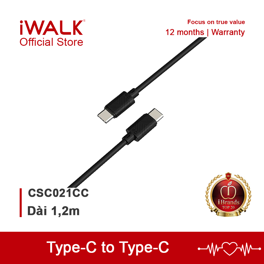 Cáp sạc Type-C to Type-C tốc độ 2A - iWALK CST021CC dài 1m2, siêu bền, sạc nhanh cho Samsung, Huawei, Sony, Xiaomi, Motorola,... - Bảo hành Chính Hãng 12 tháng