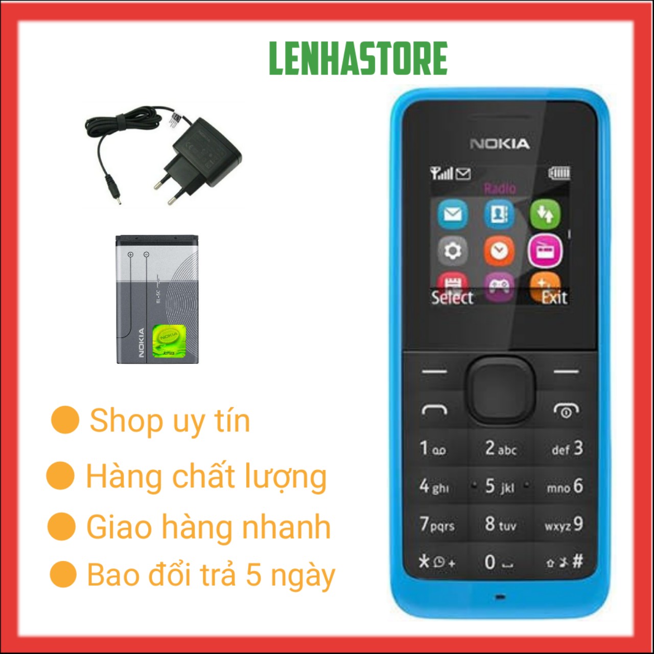 Điện thoại 1 sim nokia 105, máy zin, BH 1 tháng, tặng kèm pin sạc