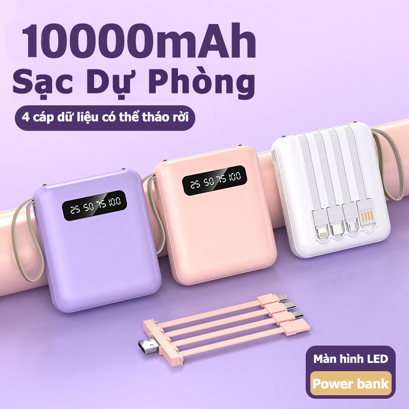 Pin sạc dự phòng 10000mAh di động, Đi kèm với bốn dây có thể tháo rời, với đèn LED, Pin lithium-ion polymer, Hổ trợ sạc nhanh, sac du phong