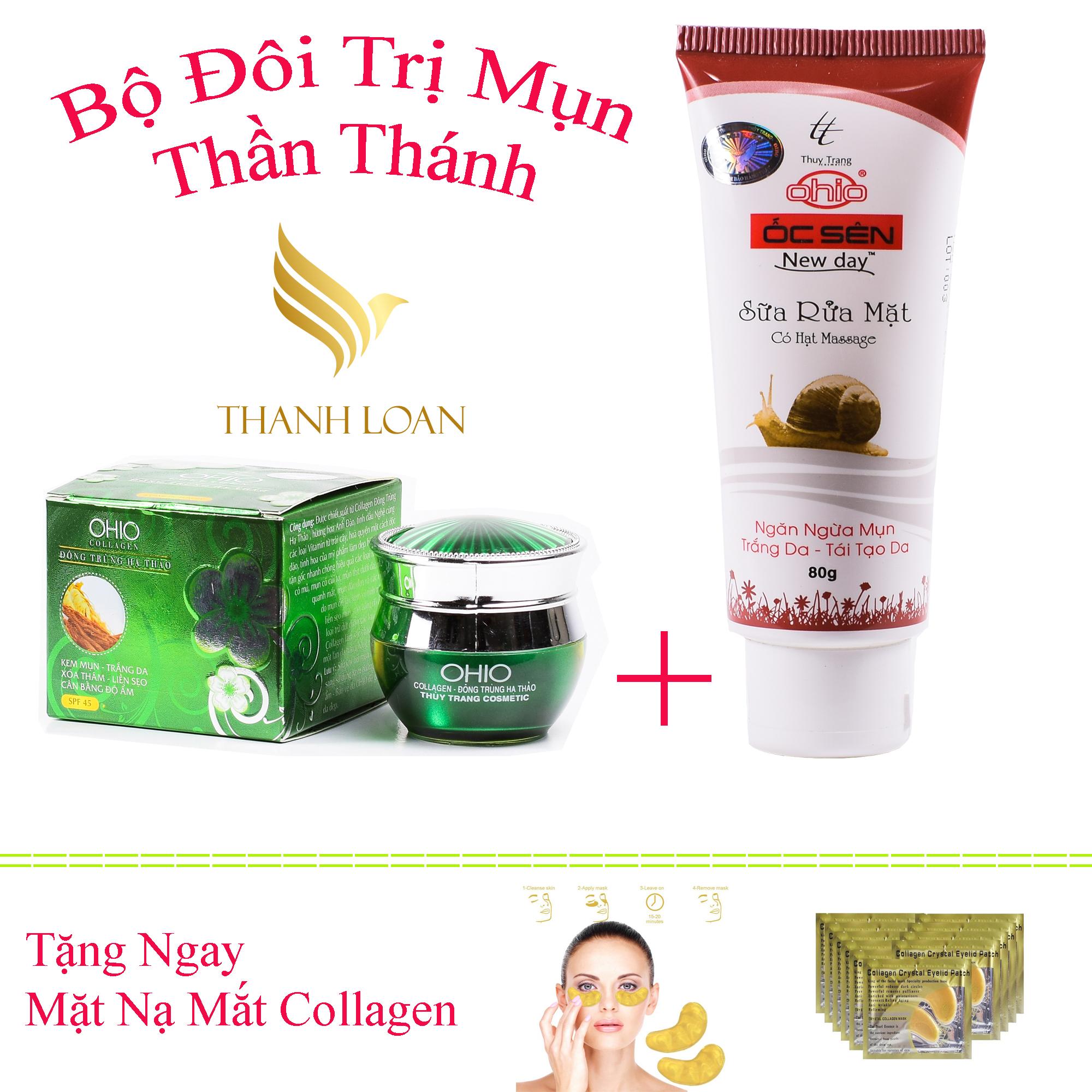 Tặng ngay mặt nạ mắt collagen - Combo Kem ngừa Mụn, Trắng da, Xóa thâm, Liền sẹo, Cân bằng độ ẩm OHIO Collagen - Đông Trùng Hạ Thảo (20g) + Sữa rửa mặt ngăn ngừa mụn - Dưỡng trắng - Tái Tạo da OHIO Ốc Sên New Day  - Thanh Loan